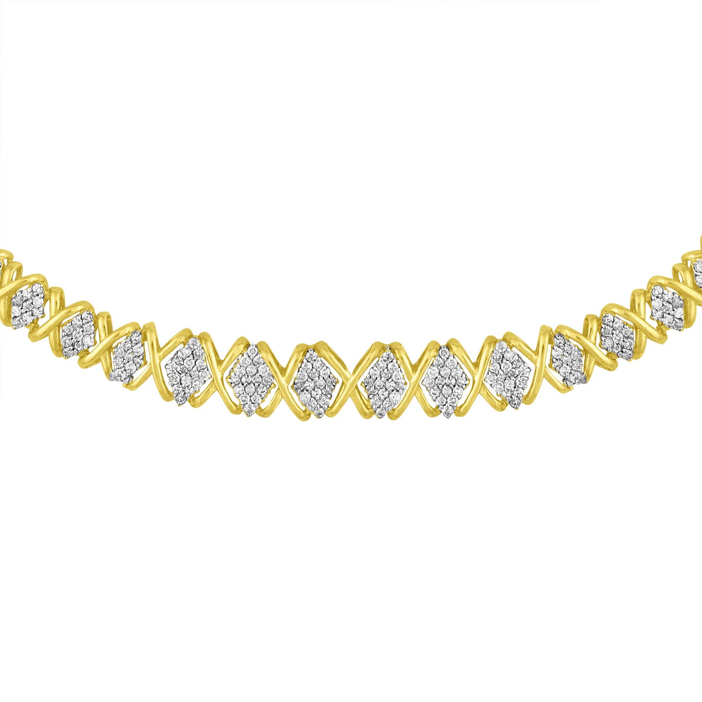 Yellow necklace with alternating x-shaped links and diamond-shaped clusters of white gemstones, shown in a close-up front angle.