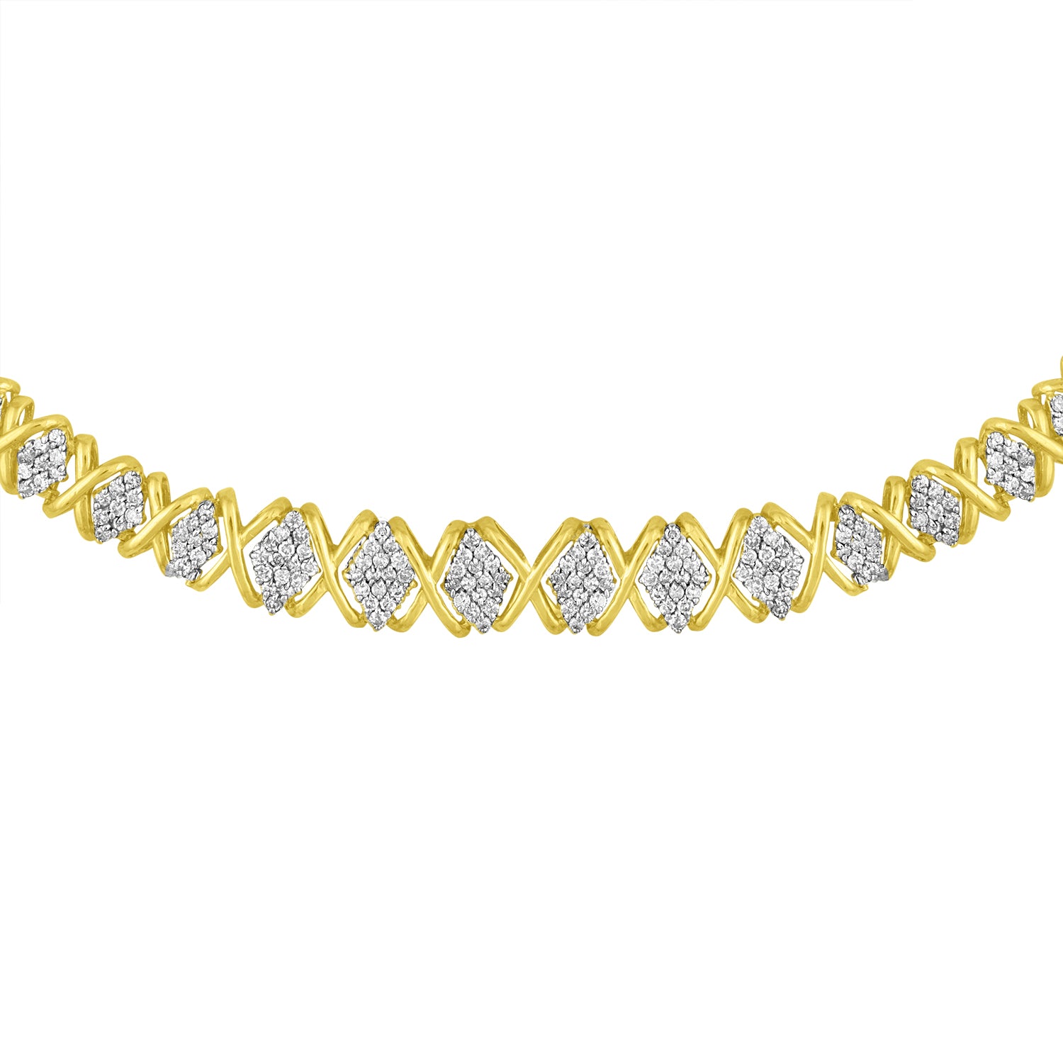 Yellow necklace with alternating x-shaped links and diamond-shaped clusters of white gemstones, shown in a close-up front angle.