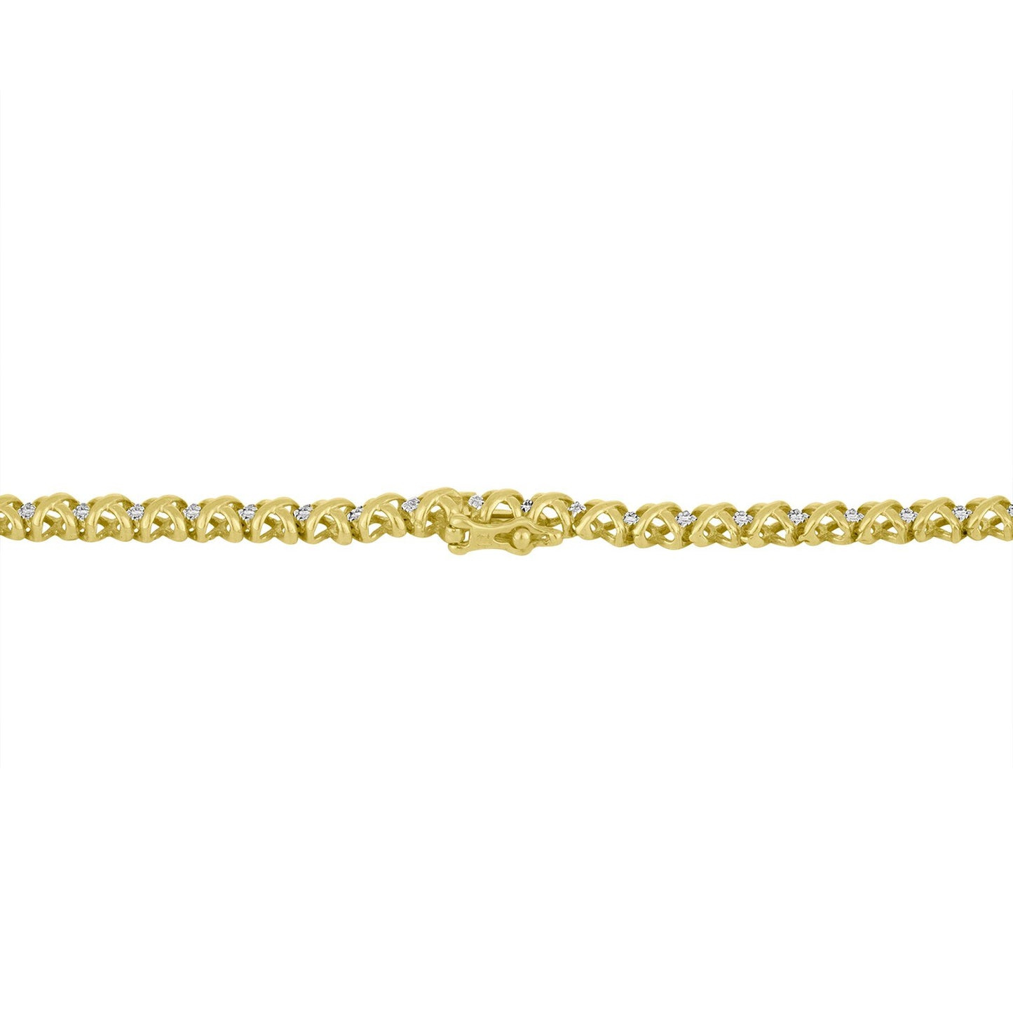 Close-up, flat lay of a yellow necklace with an intricate link design, featuring round white gemstones in a pave setting along the links.