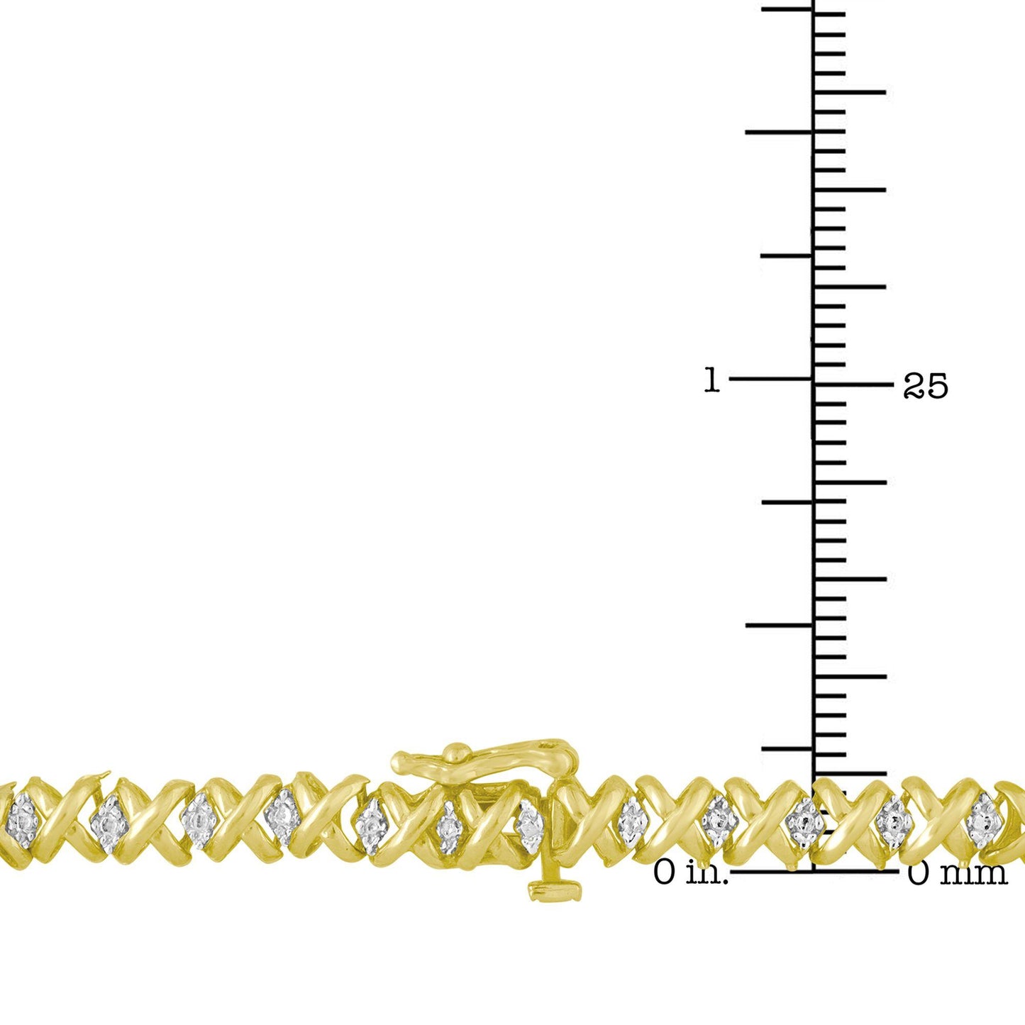 Close-up front view of a yellow necklace with crisscross design and white round pave-set gemstones, placed on a ruler for size reference.