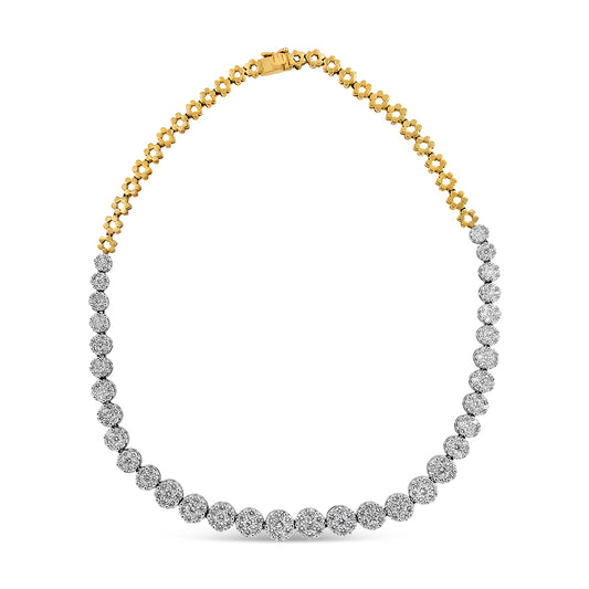Front-facing image of a yellow necklace with a pattern of round white gemstones in pave settings along the bottom half and smooth yellow segments along the top half.