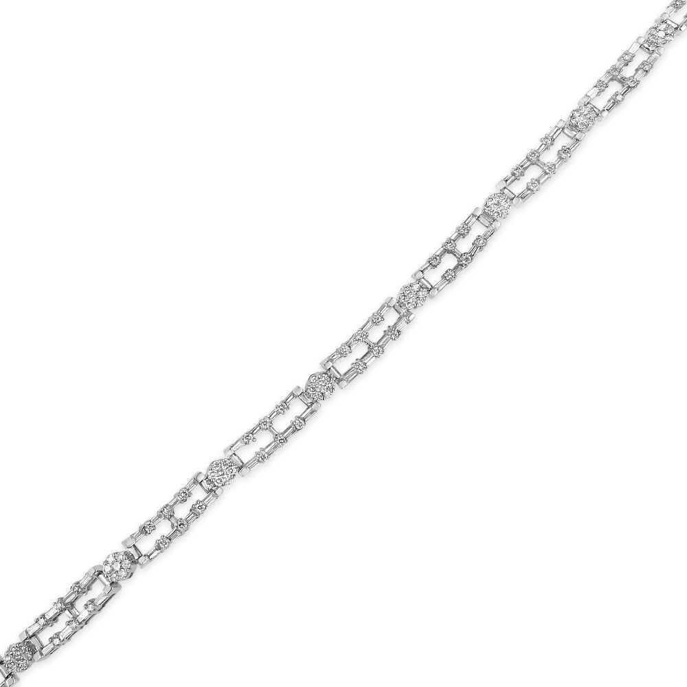 White metal necklace shown flat from a top-down angle, featuring alternating sections of baguette-shaped white gemstones in prong settings and round-shaped white gemstones in channel settings.