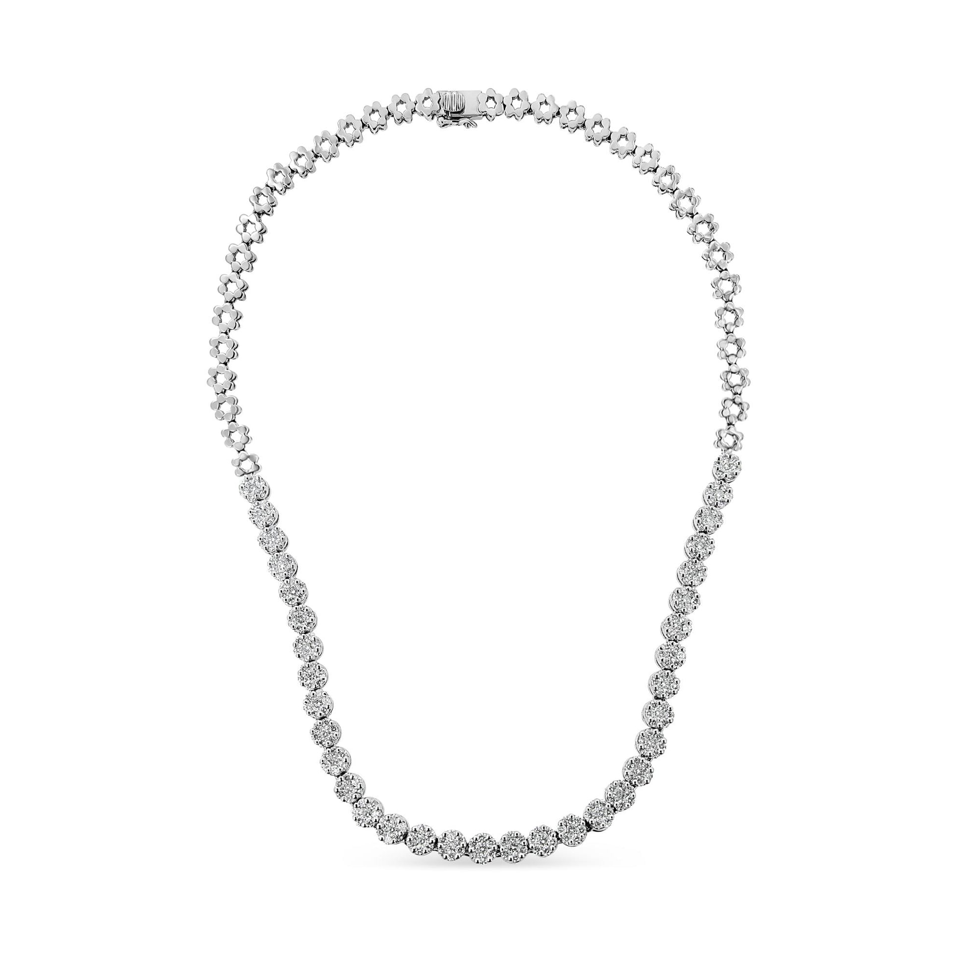 Front-facing view of a white necklace featuring round white gemstones in a pavé setting, with a detailed clasp at the top.