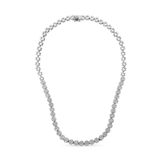 Front-facing view of a white necklace featuring round white gemstones in a pavé setting, with a detailed clasp at the top.