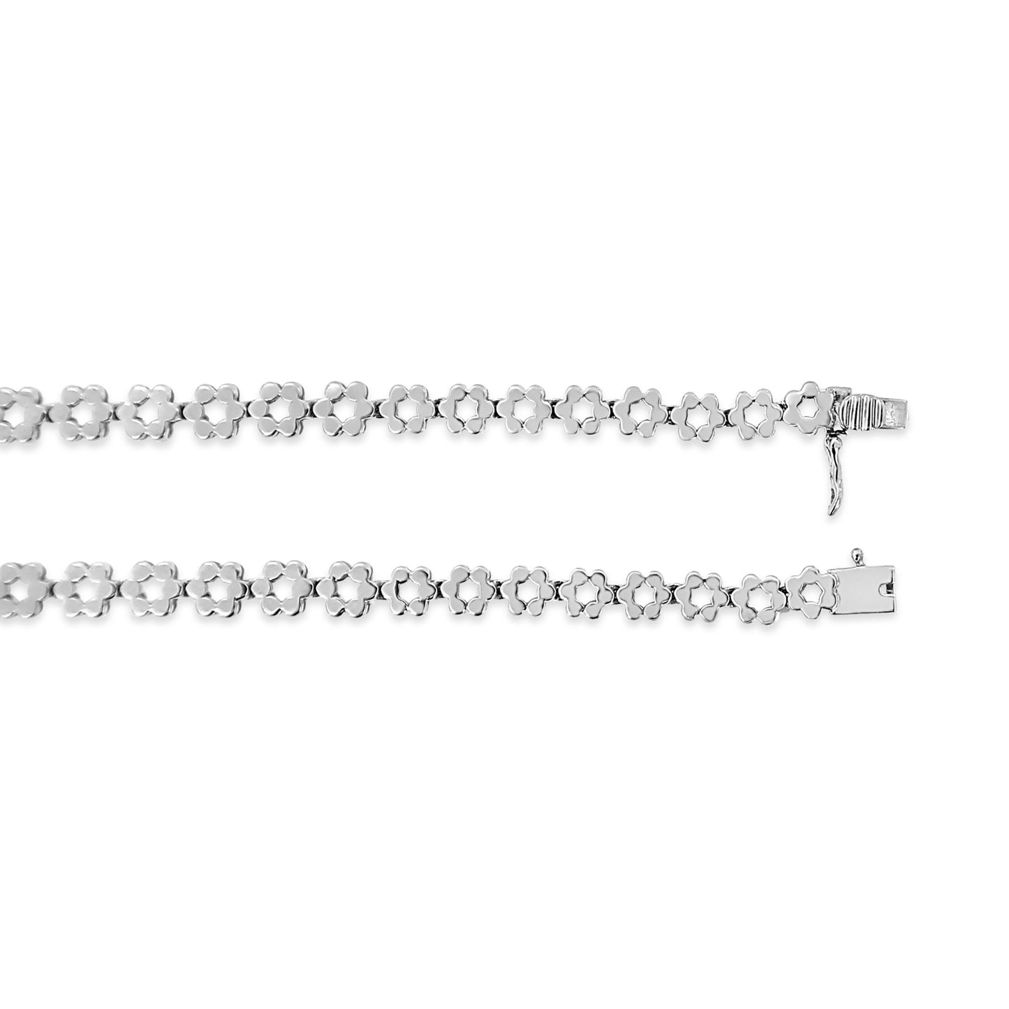 White metal necklace with connected flower-shaped links, photographed flat from above on a white background.