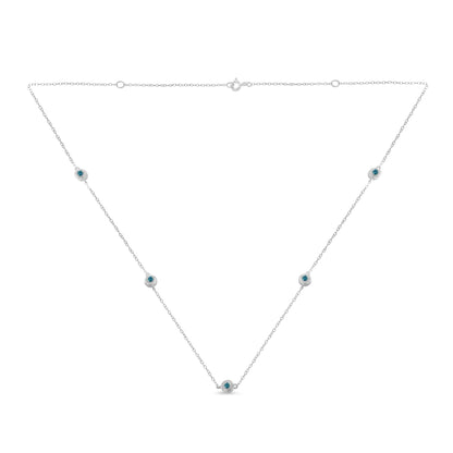 White metal necklace with round blue gemstones in bezel settings evenly spaced along the chain, shown flat from the front.