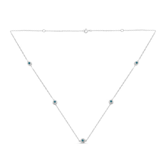 White metal necklace with round blue gemstones in bezel settings evenly spaced along the chain, shown flat from the front.