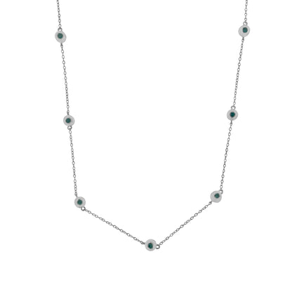 Front-facing close-up of a white metal necklace with evenly spaced blue round gemstones in bezel settings along a delicate chain.