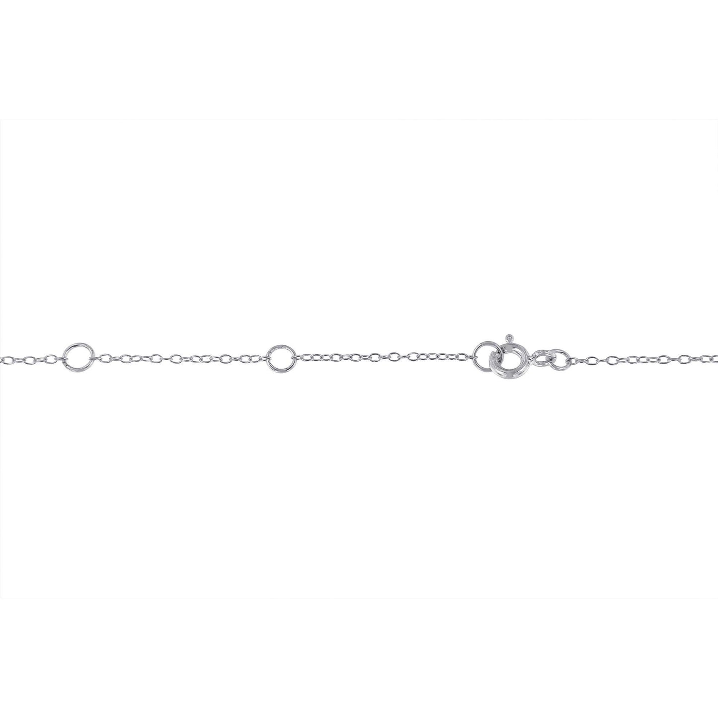 White metal necklace chain with round blue gemstones in bezel settings, shown flat from a top-down angle.