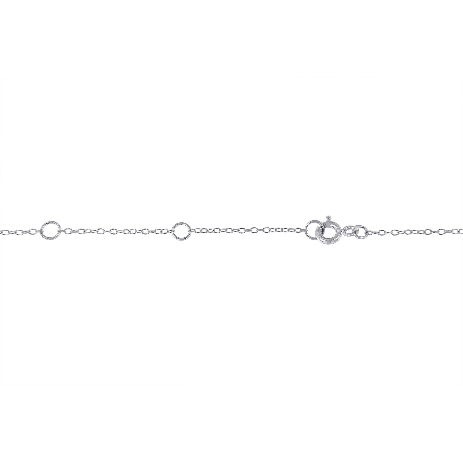 White metal necklace chain with round blue gemstones in bezel settings, shown flat from a top-down angle.