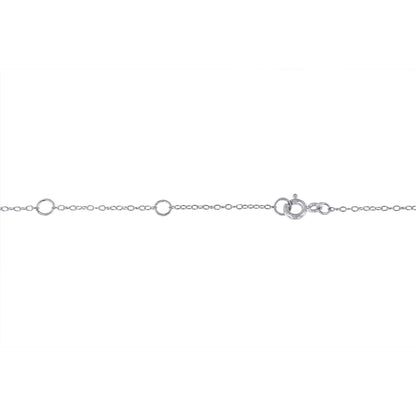 White metal necklace chain with round blue gemstones in bezel settings, shown flat from a top-down angle.