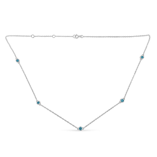 White necklace with round blue gemstones set in bezels along the chain, shown from a flat front angle.