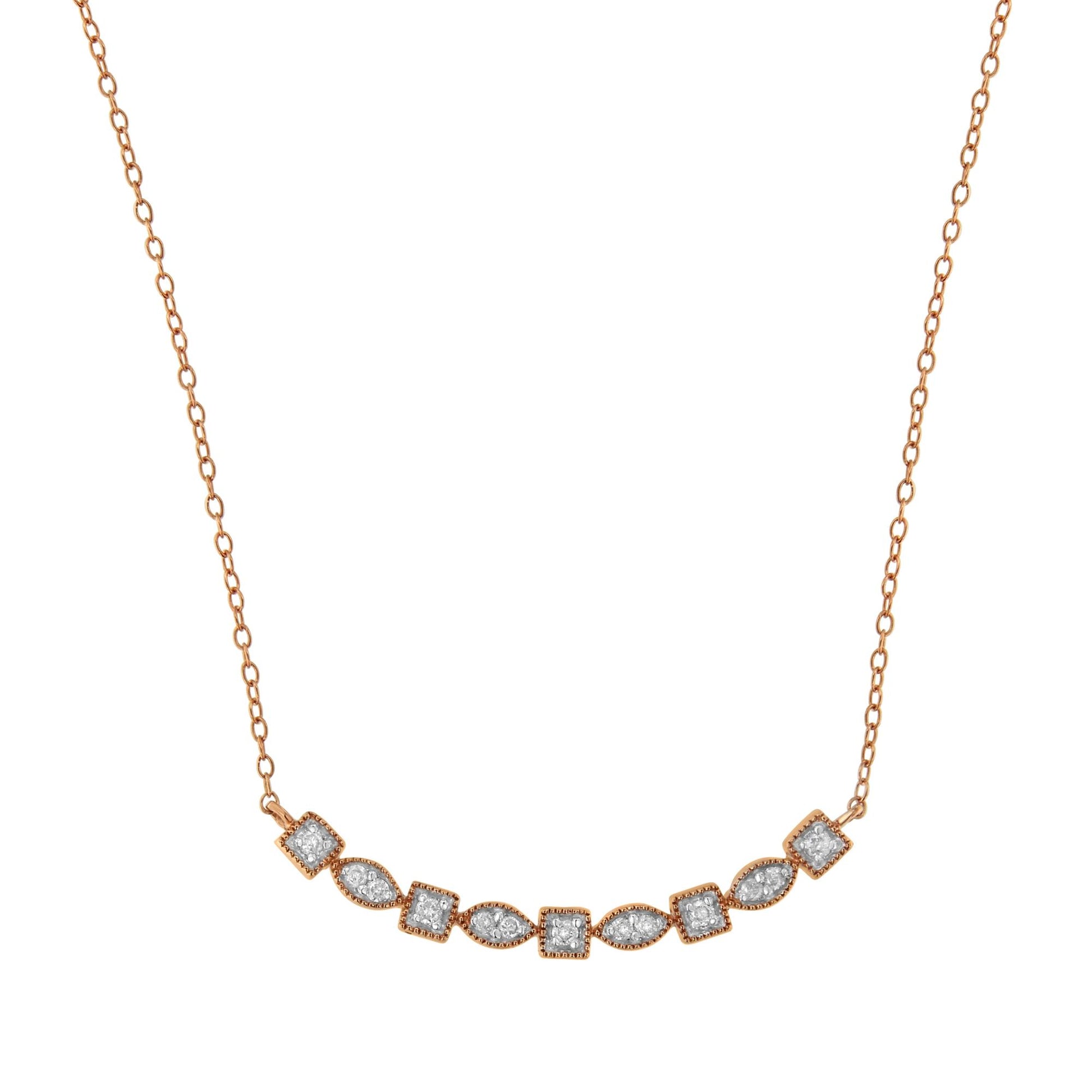 Front-facing shot of a rose metal necklace with alternating square and marquise shaped settings, each set with small white gemstones in pave style.