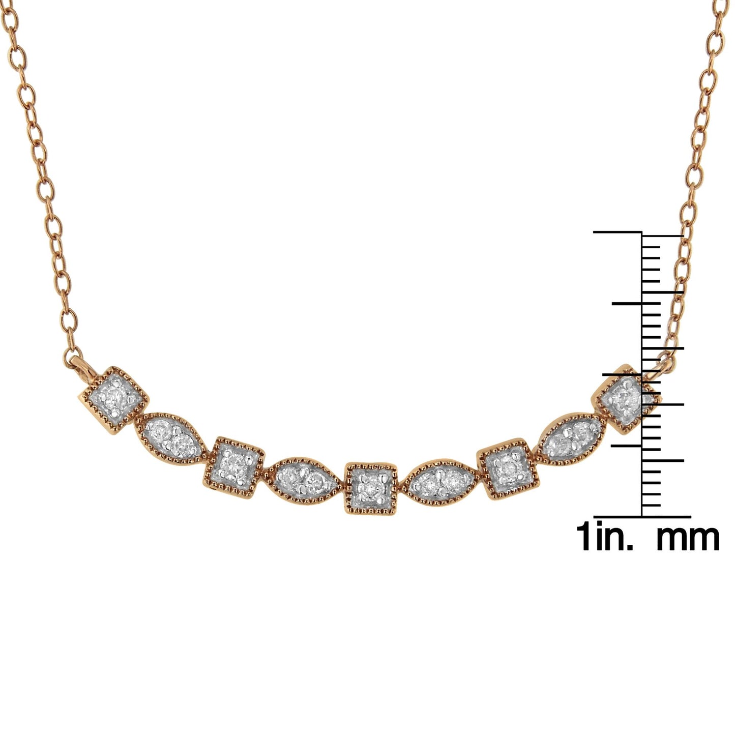 Close-up front angle of a rose metal necklace with alternating square and marquise-shaped settings, each containing multiple small white gemstones, shown on a ruler for size reference.