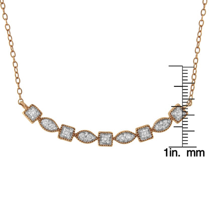 Close-up front angle of a rose metal necklace with alternating square and marquise-shaped settings, each containing multiple small white gemstones, shown on a ruler for size reference.