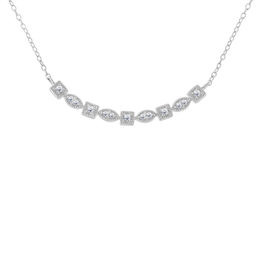 White metal necklace photographed from the front with alternating square and marquise-shaped settings featuring round white gemstones in pave settings.