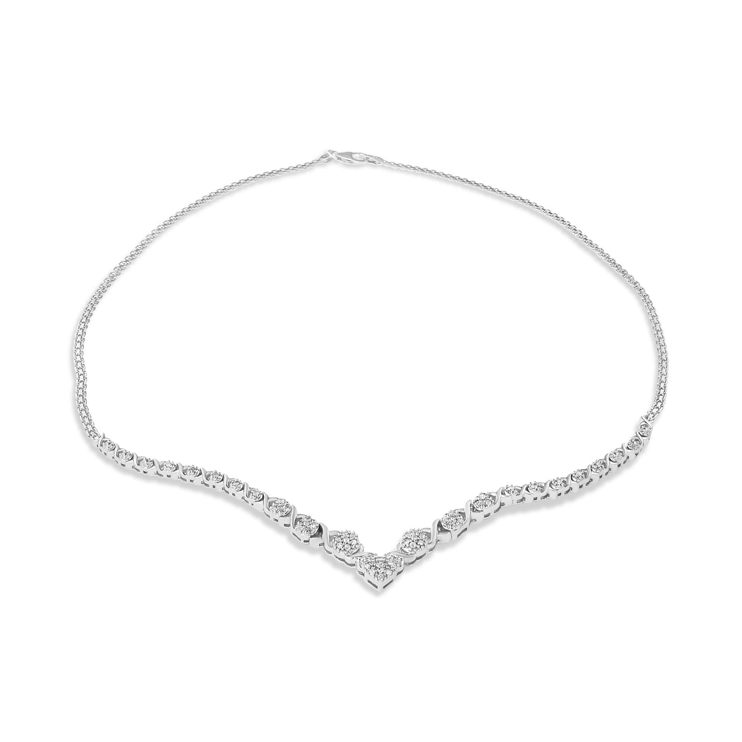 White metal necklace with a V-shaped pendant section featuring round, white gemstones in pave setting, shown from a front angle on a white background.