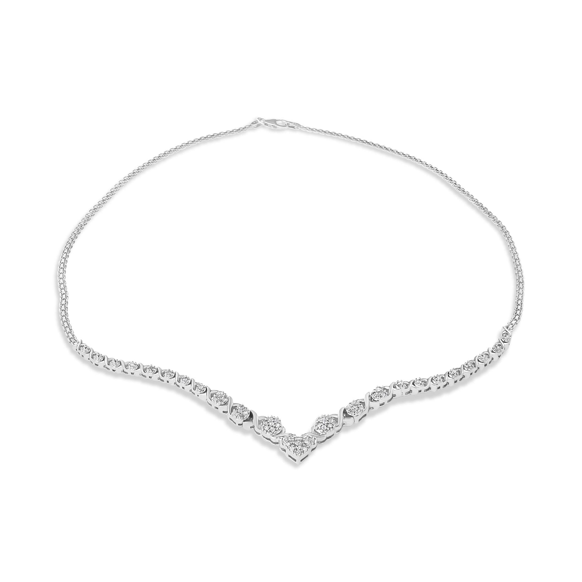 White metal necklace with a V-shaped pendant section featuring round, white gemstones in pave setting, shown from a front angle on a white background.