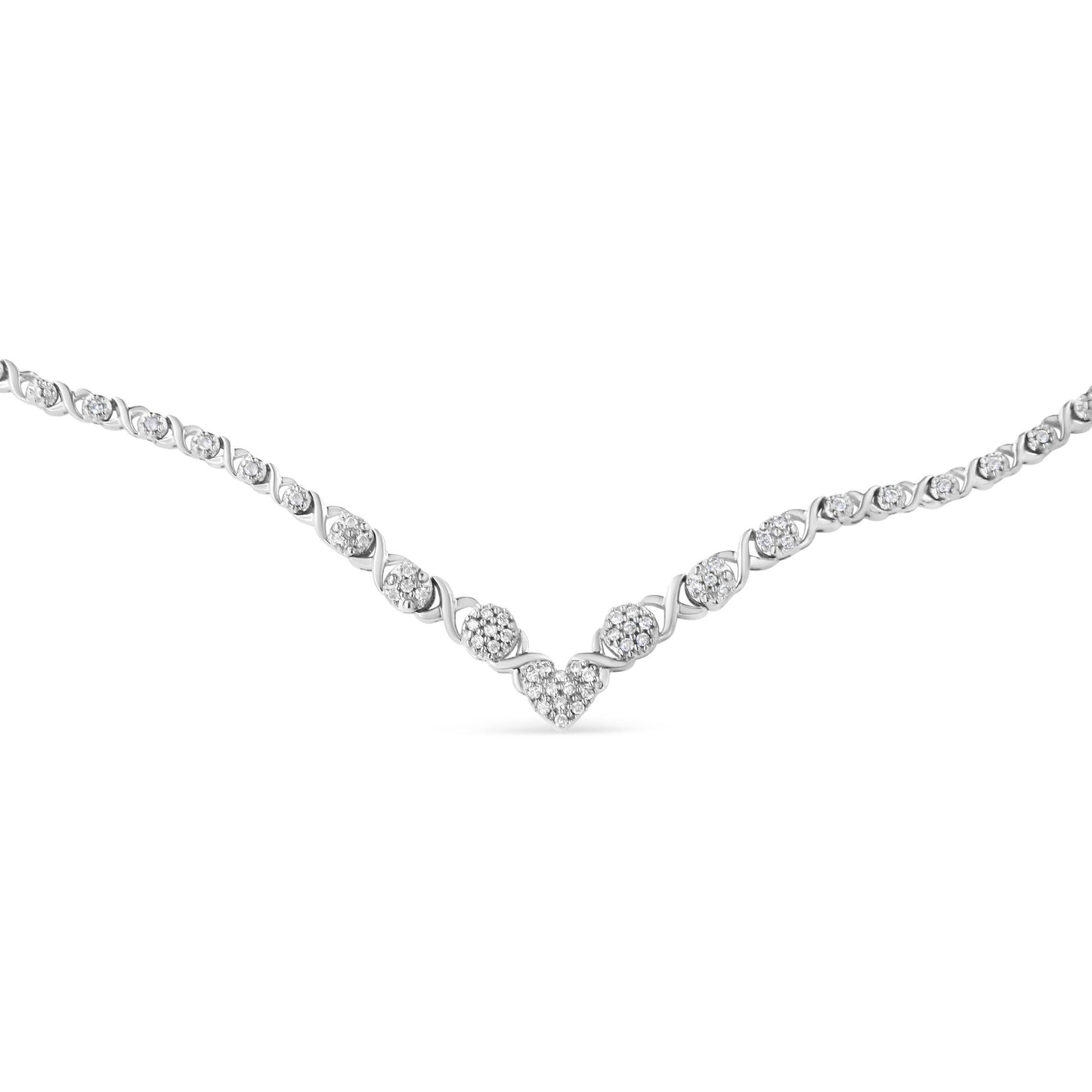 Close-up front angle of a white necklace with round-shaped white gemstones in a pave setting arranged in a V pattern.