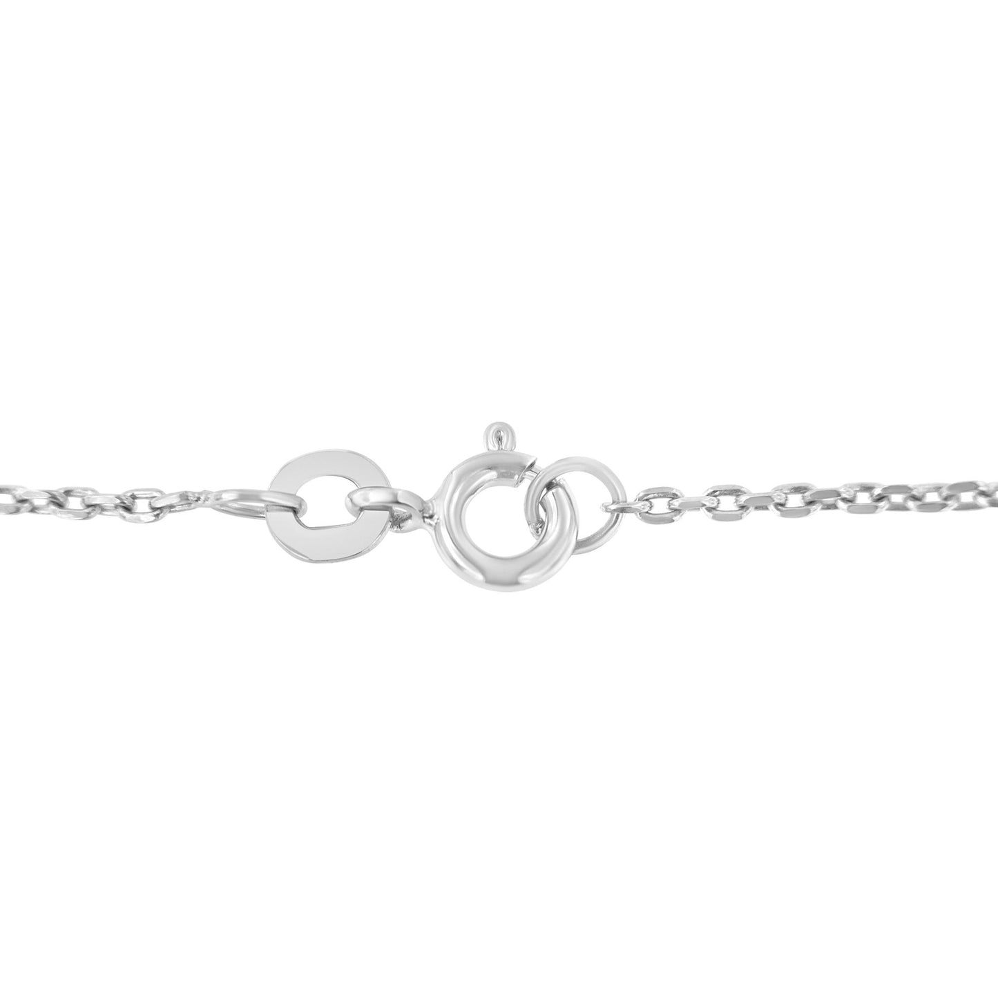 Close-up of white metal necklace clasp viewed from the front on a white background.