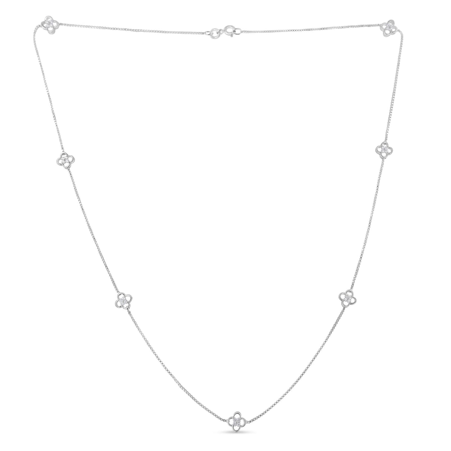 White metal necklace with small flower-shaped accents set with round white gemstones, shown flat from a front angle.