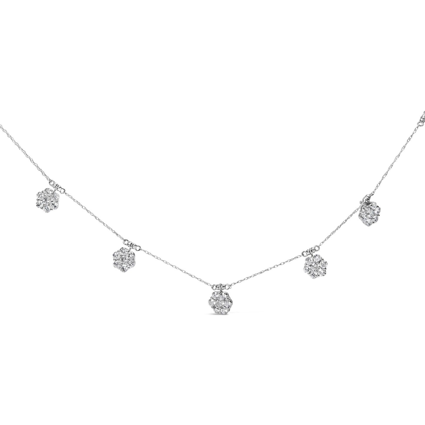 White metal necklace with multiple small round white gemstones in prong settings, shown in a front-facing shot against a white background.