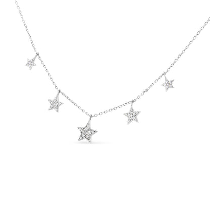 White metal necklace with five star-shaped pendants adorned with white round gemstones in prong settings, displayed against a white background, front-facing angle.