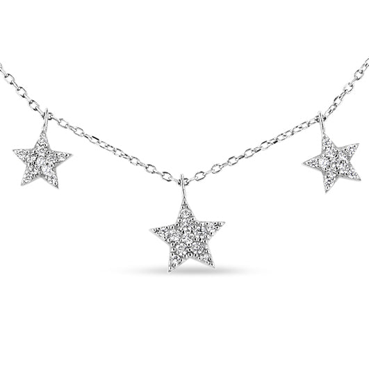 Close-up front view of a white metal necklace with three star-shaped pendants set with small round white gemstones.