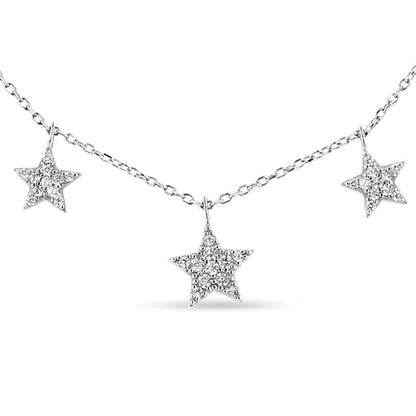 Close-up front view of a white metal necklace with three star-shaped pendants set with small round white gemstones.