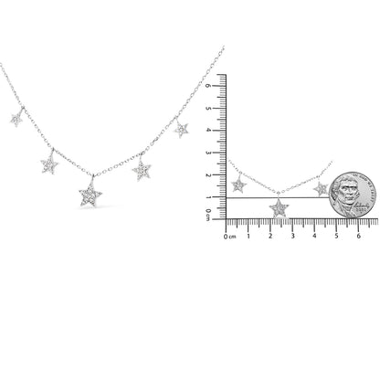 White metal necklace with five star-shaped pendants set with round white gemstones, shown in a front angle view; inset image shows the necklace on a ruler and beside a coin for size reference.