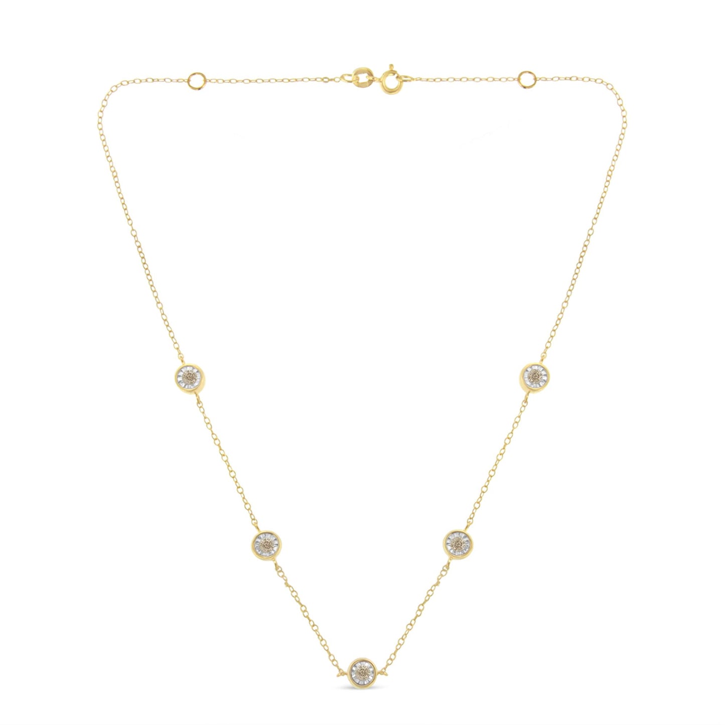 Front view of a yellow metal necklace with round brownish gemstones in miracle settings evenly spaced along a delicate chain.