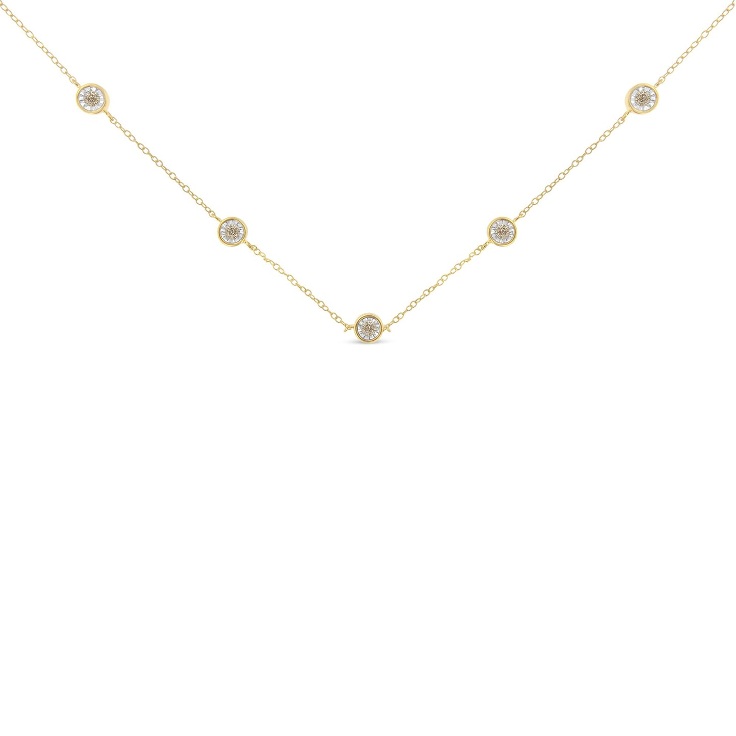 Yellow necklace with round brownish gemstones in miracle settings, shown flat from the front angle.