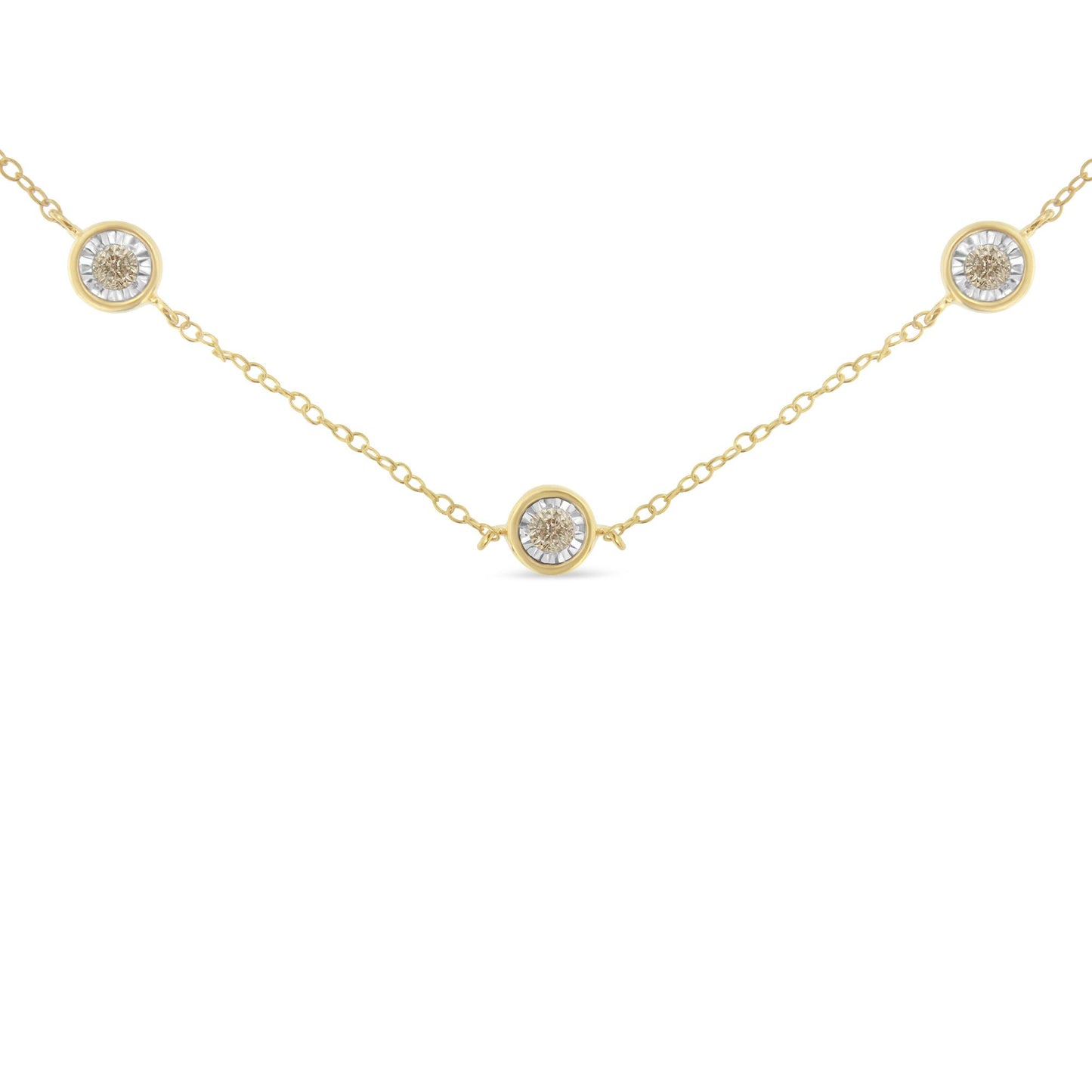 Yellow metal necklace with three round brownish gemstones in miracle settings, shown from a front-facing angle.