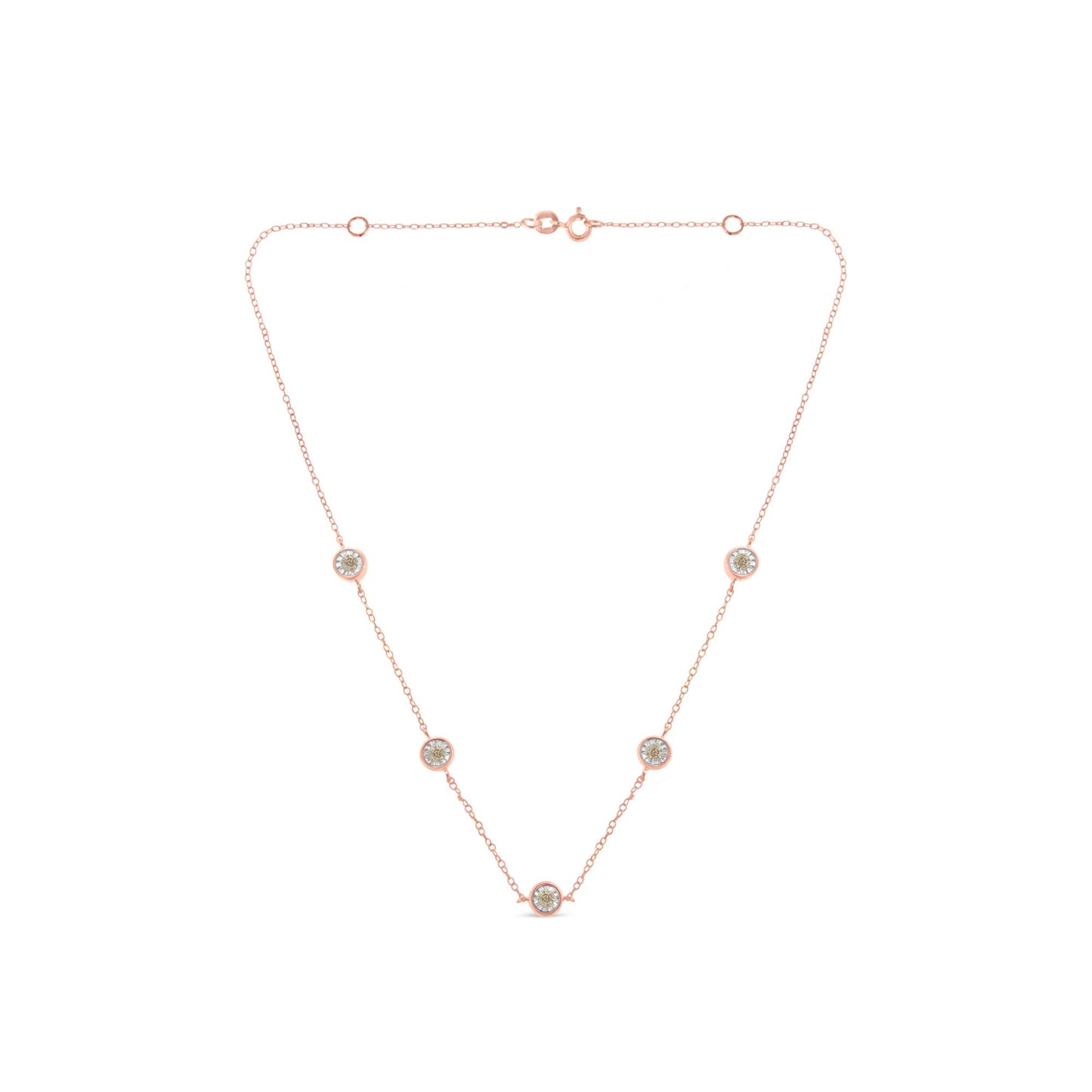 Rose metal necklace with five round brownish gemstones in miracle settings, front-facing angle.