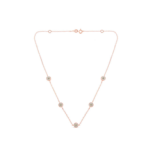Rose metal necklace with five round brownish gemstones in miracle settings, front-facing angle.