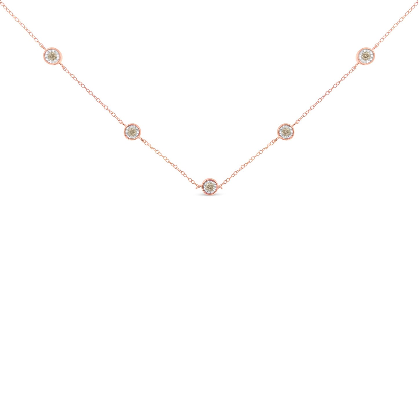 Close-up front view of a rose metal necklace featuring five round brownish gemstones in miracle settings evenly spaced along the chain.