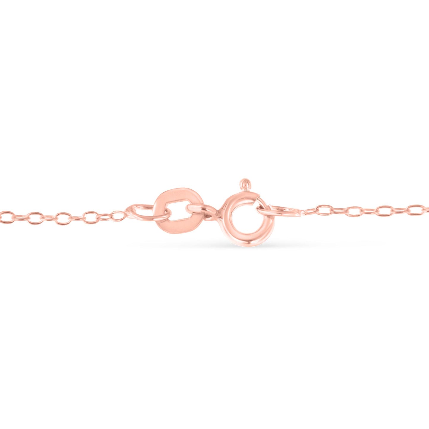 Close-up front angle of a rose-colored necklace chain with an oval clasp.