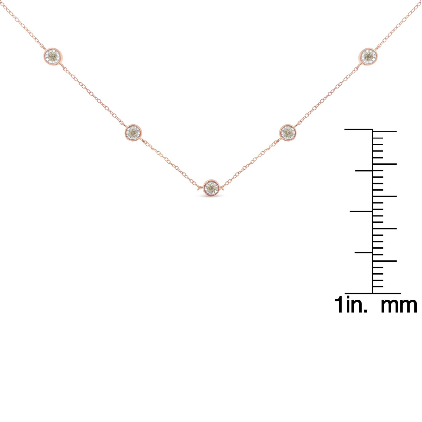 Rose metal necklace with five round brownish gemstones in miracle settings, displayed flat with a size ruler to the right, photographed from the front.