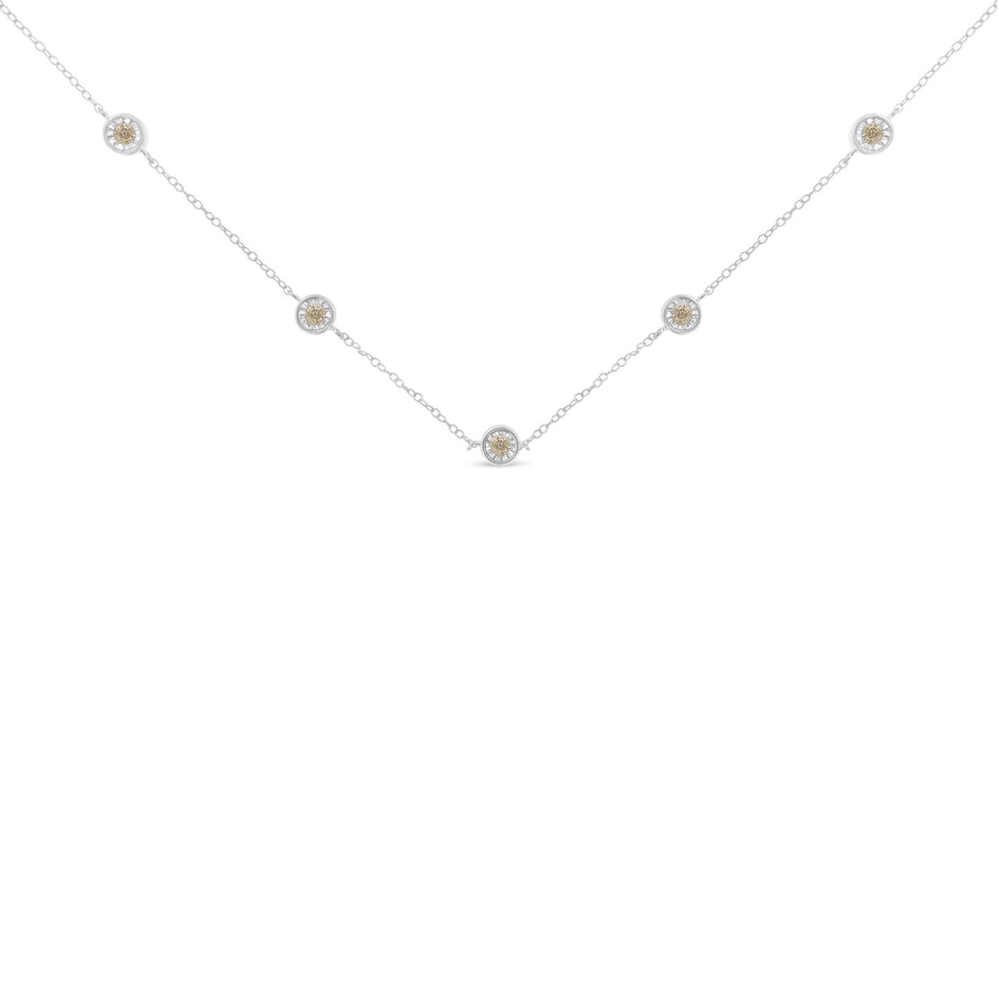 White metal necklace with five round white gemstones in miracle settings evenly spaced along the chain, front-facing angle.