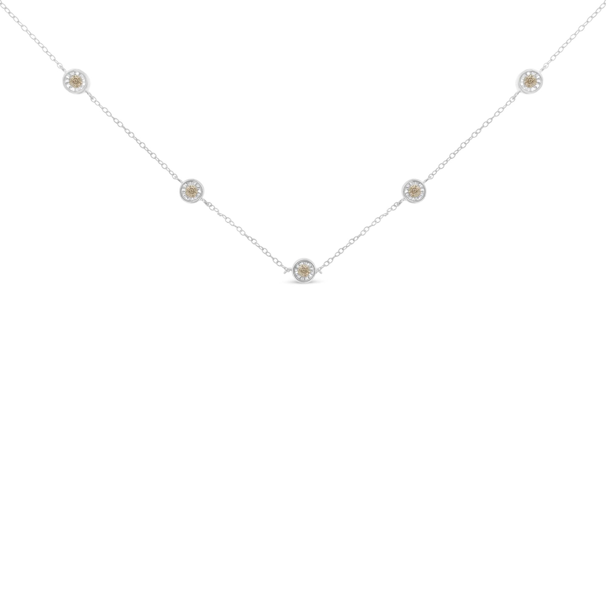 White metal necklace with five round white gemstones in miracle settings evenly spaced along the chain, front-facing angle.
