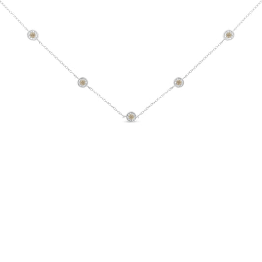 White metal necklace with five round white gemstones in miracle settings evenly spaced along the chain, front-facing angle.