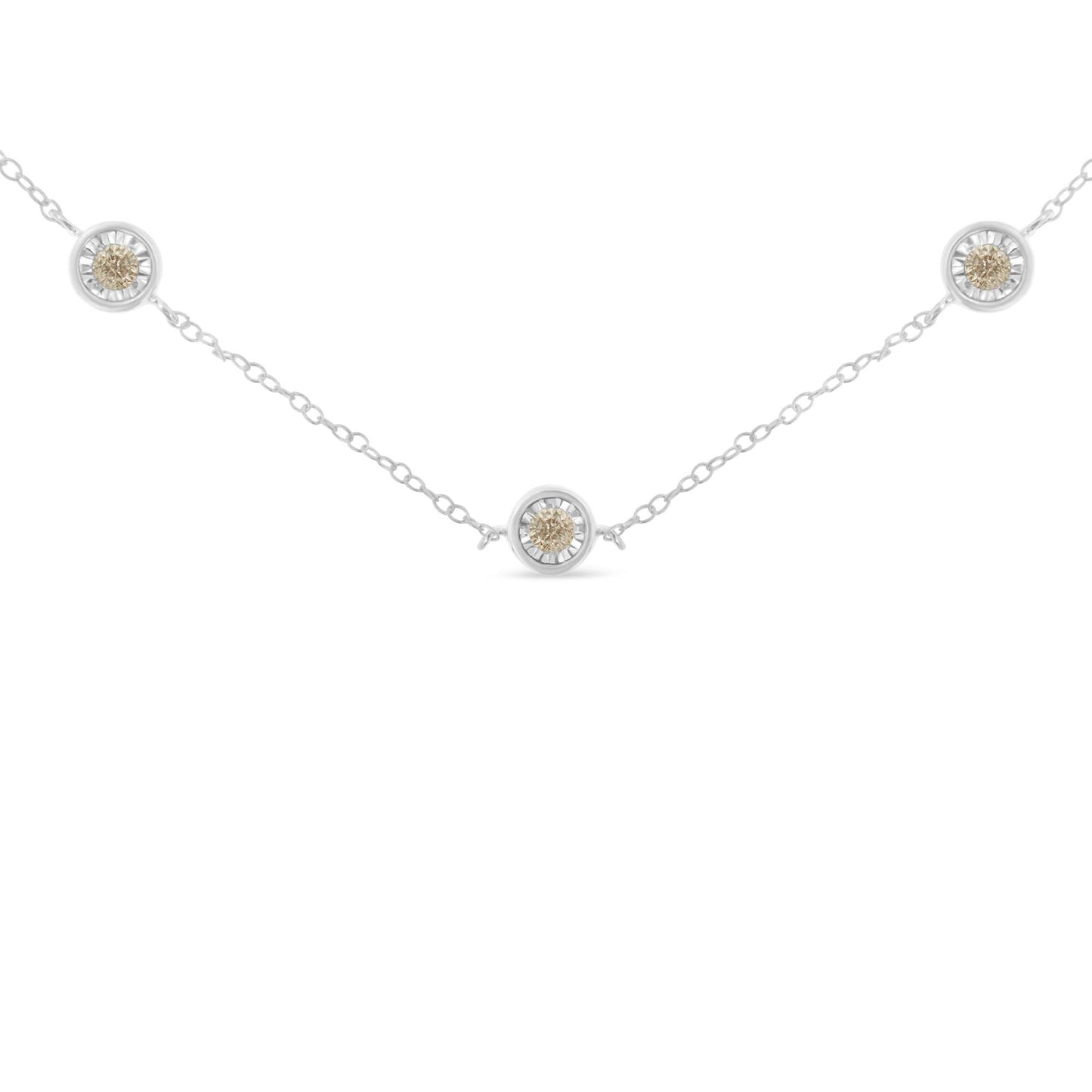 White metal necklace with round white gemstones in miracle settings, photographed from the front on a white background.