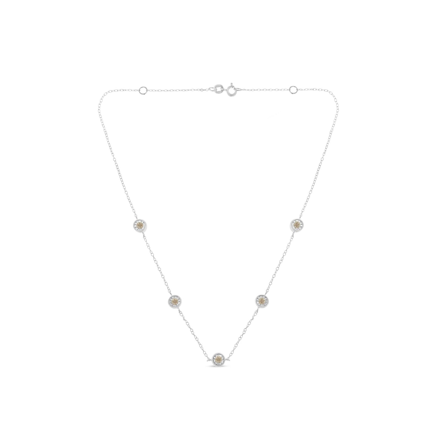 White metal necklace with five round white gemstones in bezel settings, front-facing angle.