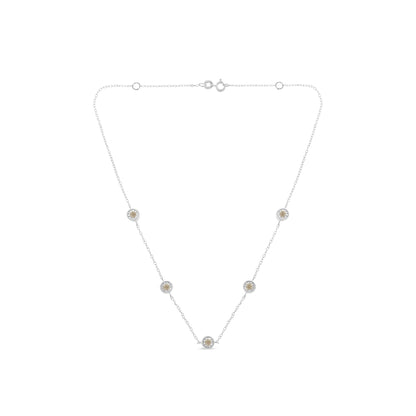 White metal necklace with five round white gemstones in bezel settings, front-facing angle.