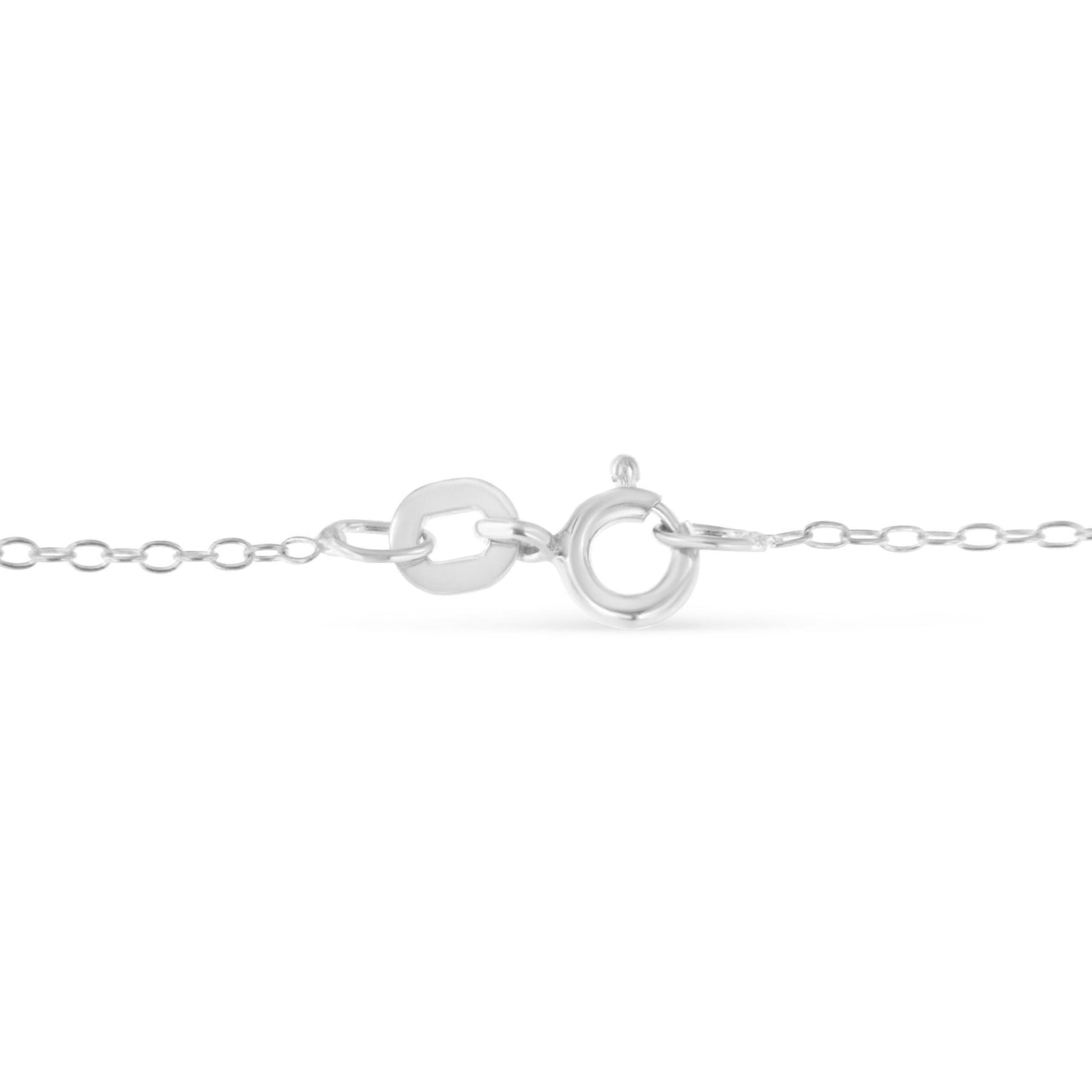 Close-up front angle of the white metal necklace clasp and chain links against a white background.