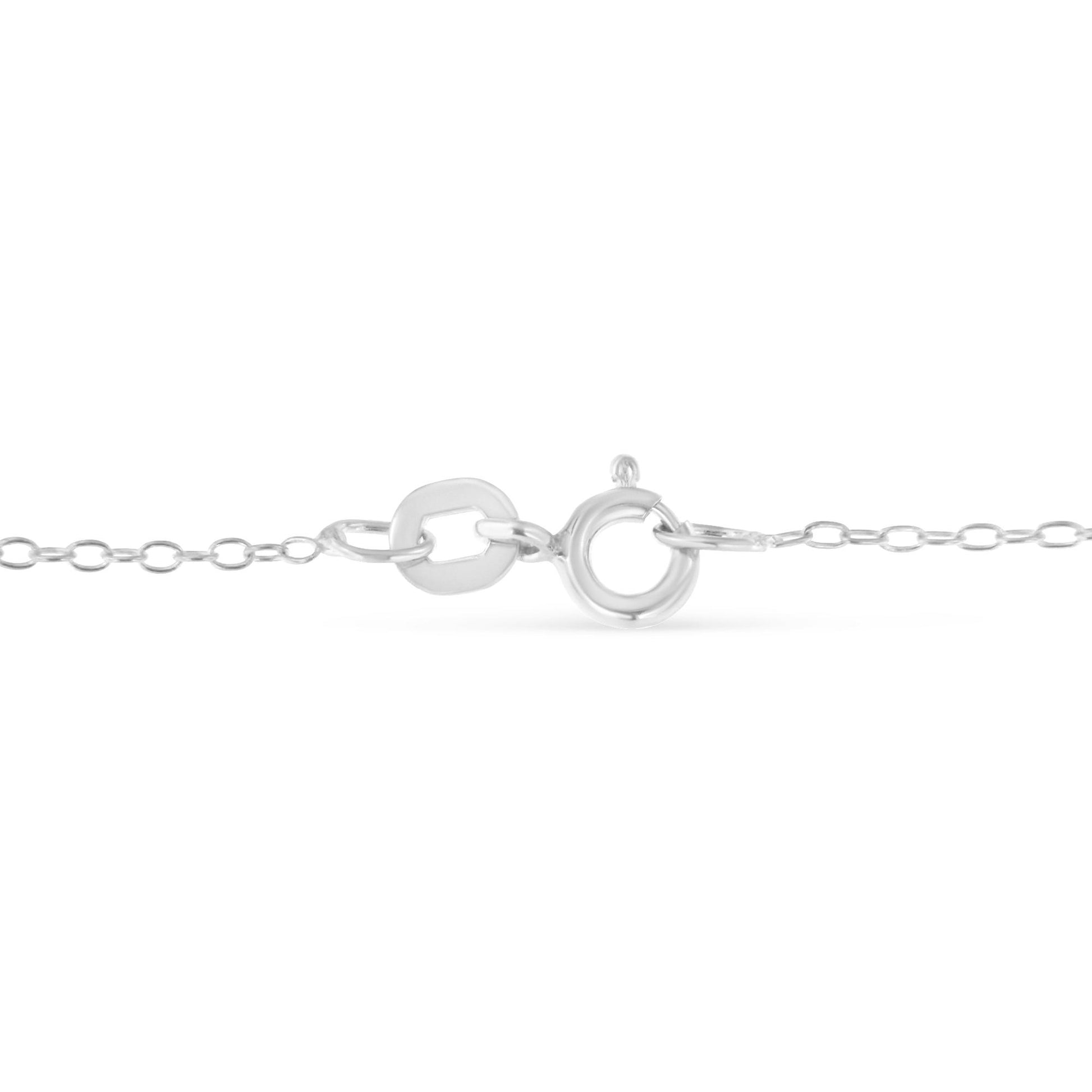 Close-up front angle of the white metal necklace clasp and chain links against a white background.