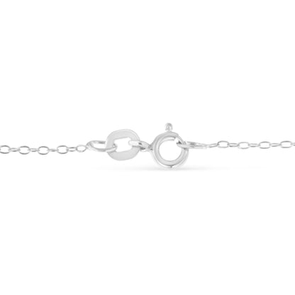 Close-up front angle of the white metal necklace clasp and chain links against a white background.