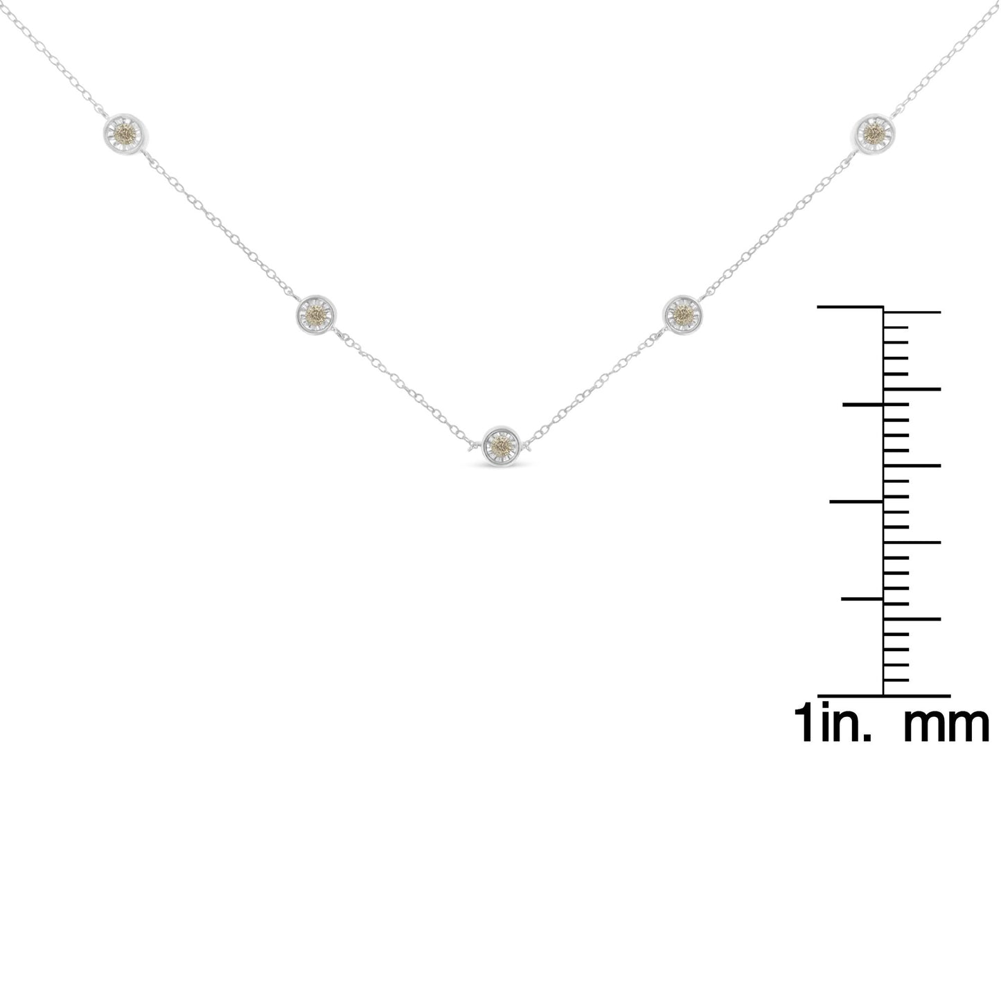 White metal necklace with five round white gemstones in miracle settings, displayed flat with a ruler for size reference.