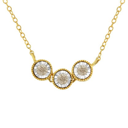 Front view of a two-toned necklace with three round champagne-colored gemstones in miracle settings.