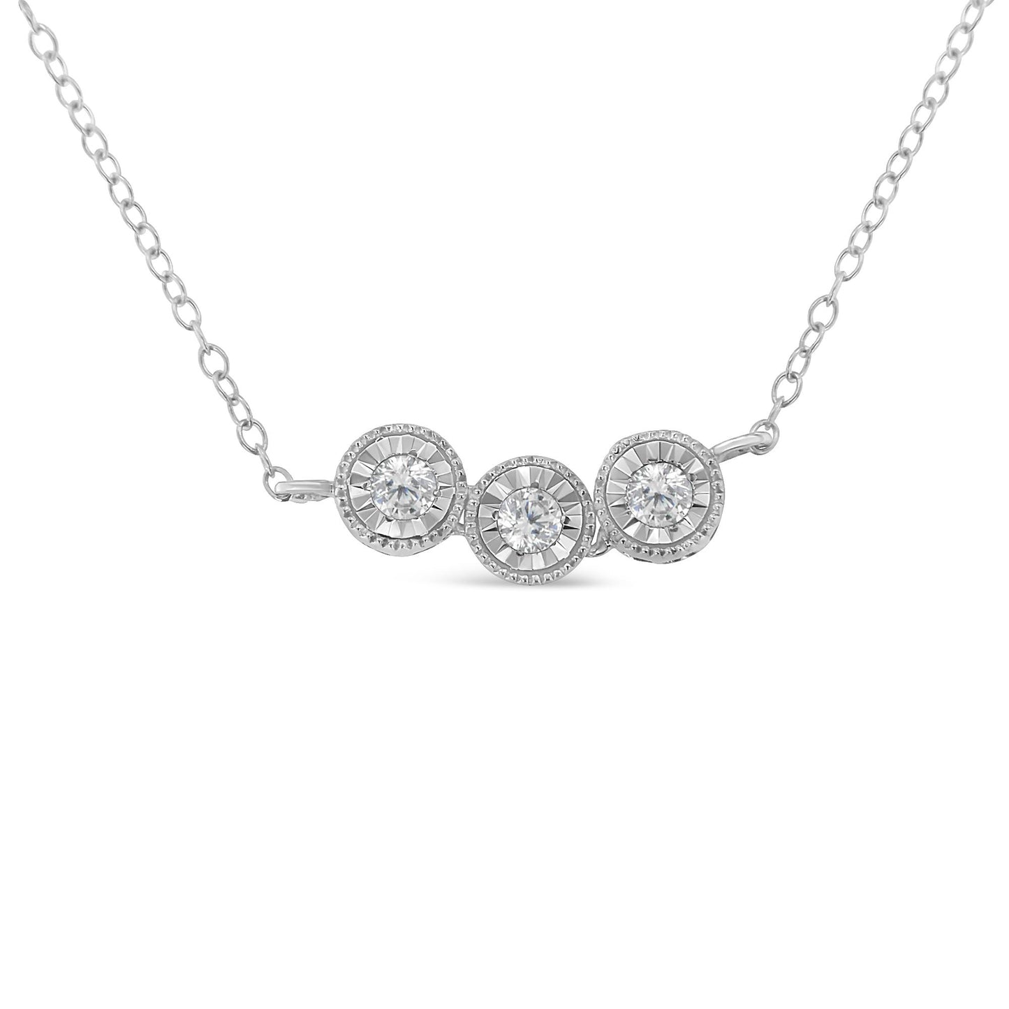 Front-facing view of a white metal necklace featuring three round white gemstones in miracle settings.